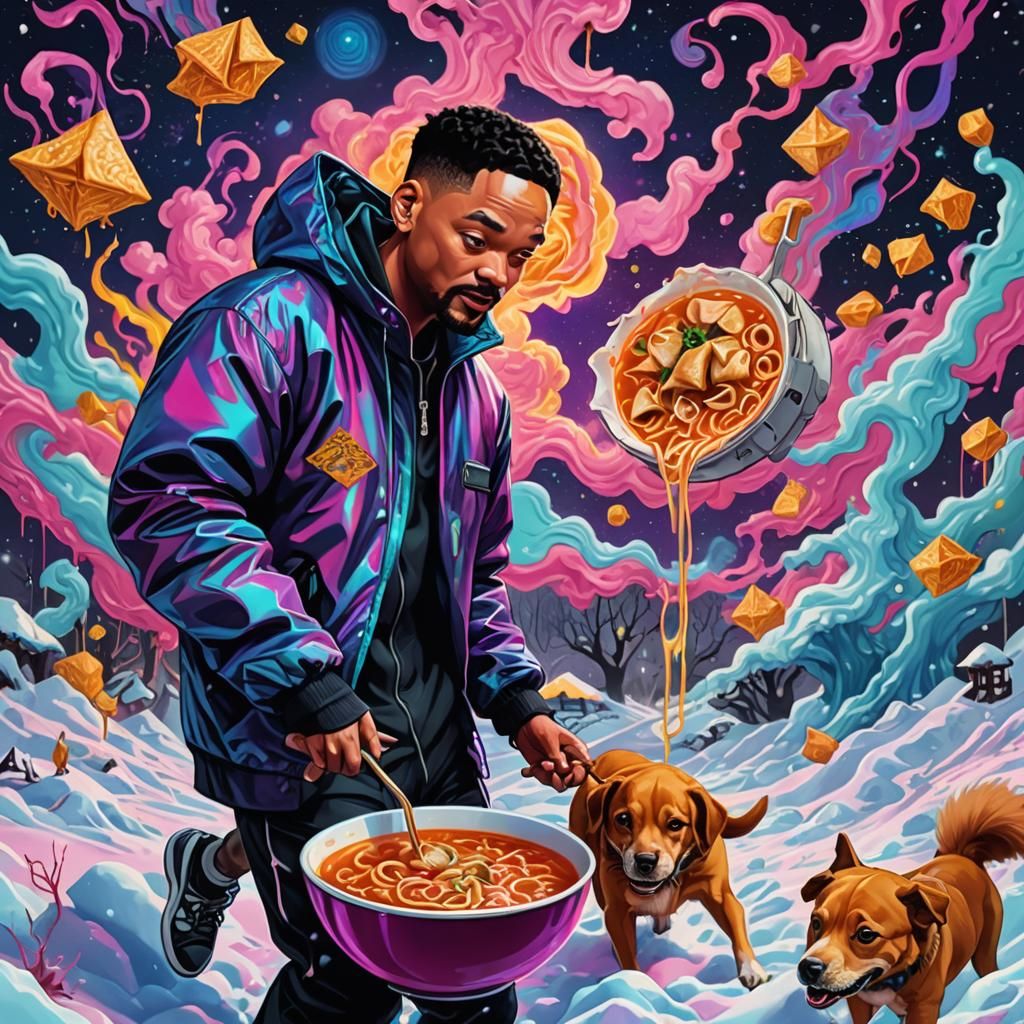 Surreal Will Smith Wonton Soup Spill in Synthwave Style