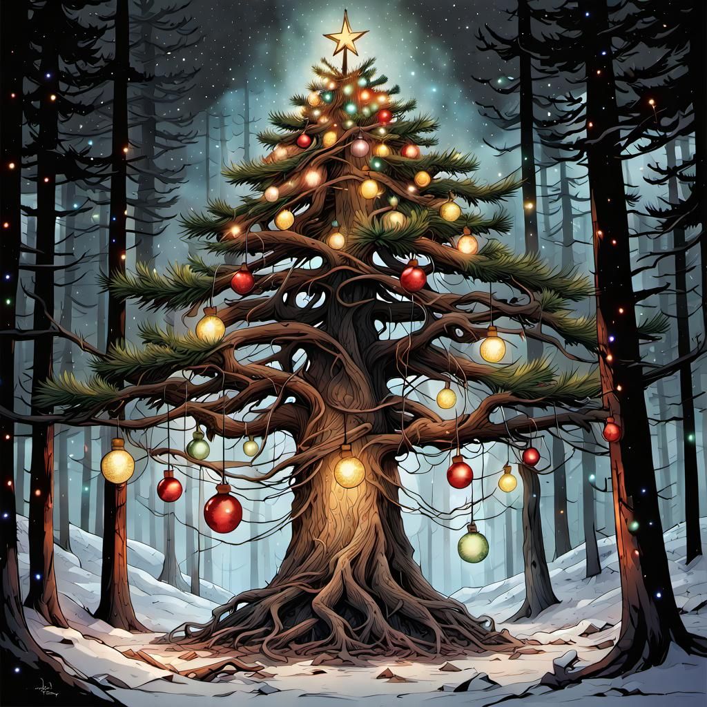 Pine Tree Strangled by Christmas Lights in Dark Forest