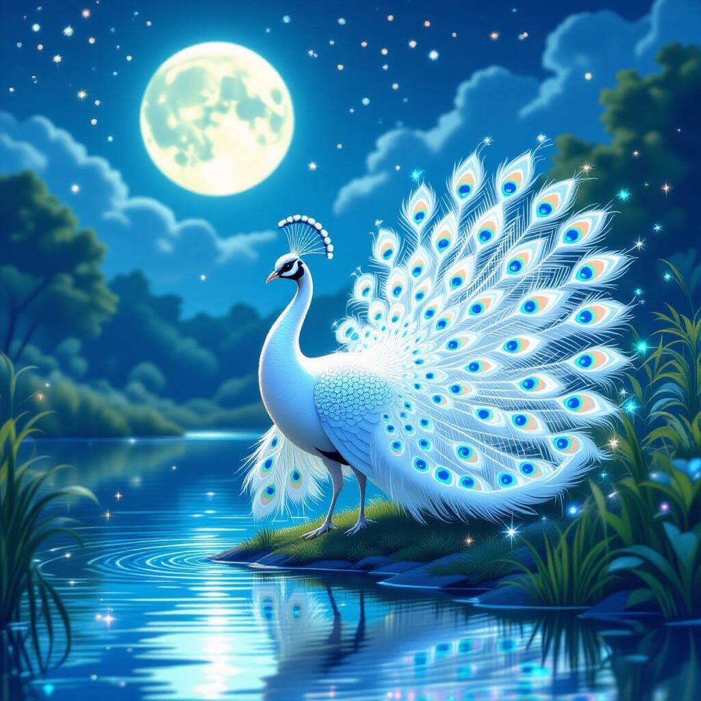 White Peacock Dances by Moonlit Lake: Digital Illustration