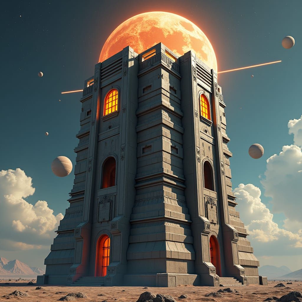 Armored Military Tower with Solar System, Matte Painting