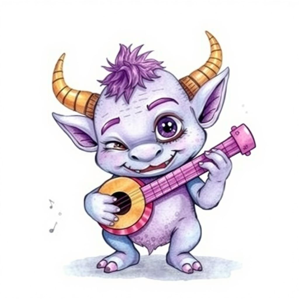 Cute friendly ogre playing music on his banjo