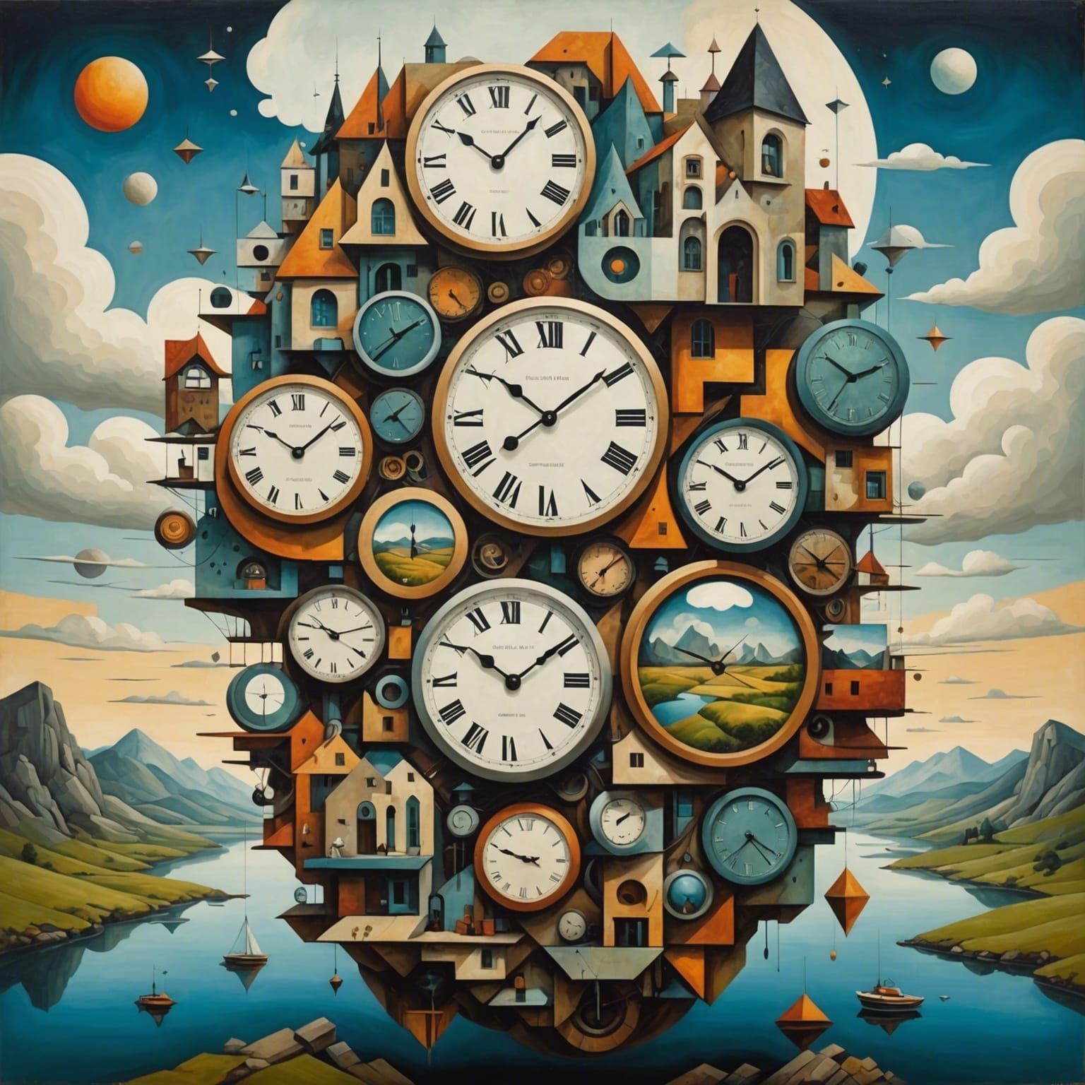 Surreal Cubist Dreamscape with Floating Clocks