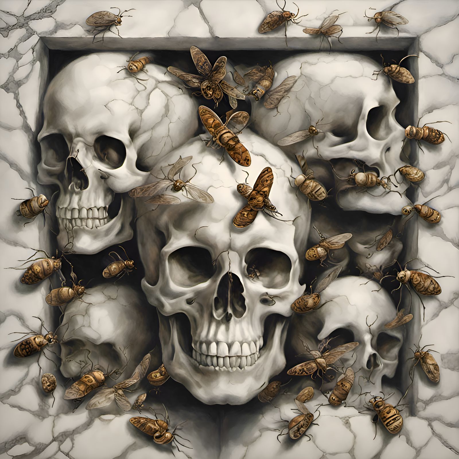 Optical illusion, hollow marble skulls filled with insects, ...