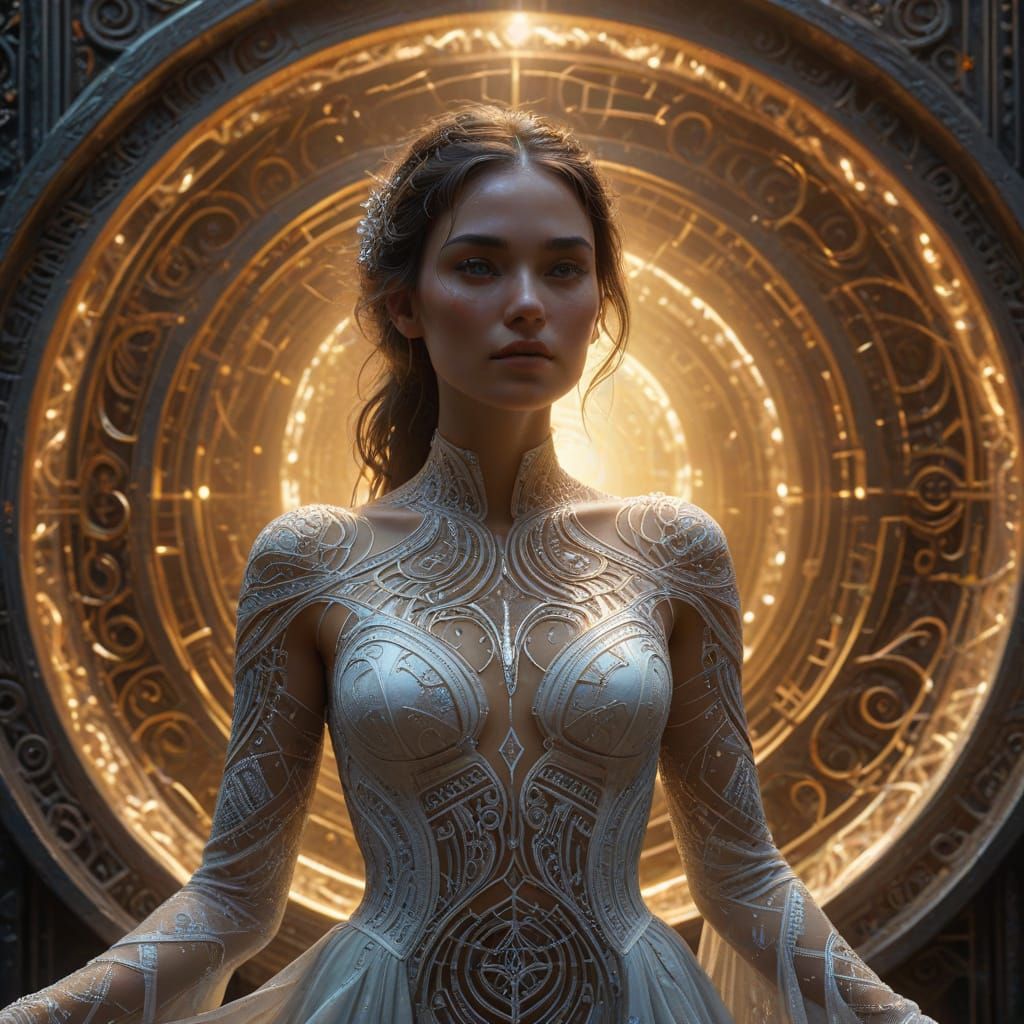 Gorgeous Woman in Golden Metal Maze, Eerie Mystical Atmosphe...