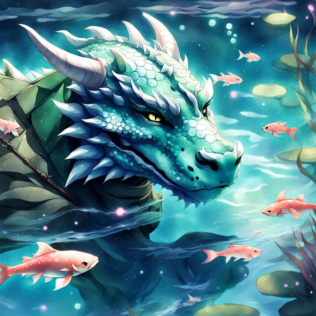 Dragon Fursuit Samurai in Underwater Anime Dreamscape