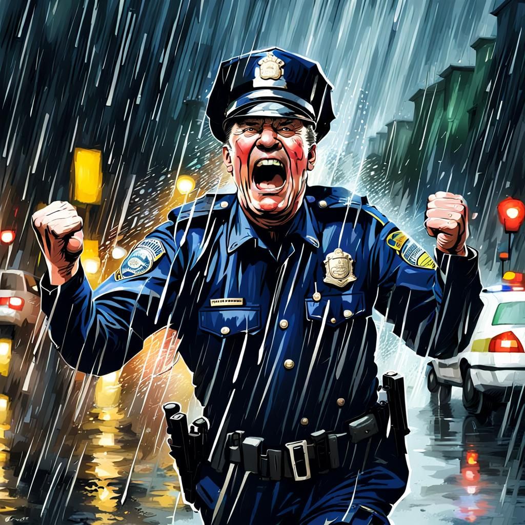 Exuberant Policeman Staggers Through Rainstorm