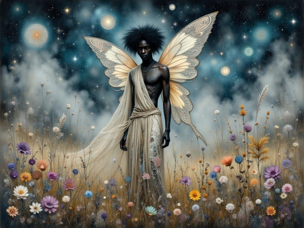 Gothic Fairy in Misty Meadow with Waterfall