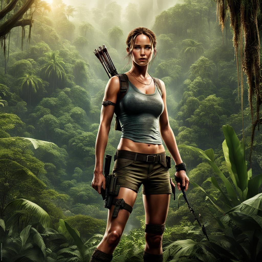 Jennifer Lawrence as Lara Croft: Hyperrealistic Jungle Scene