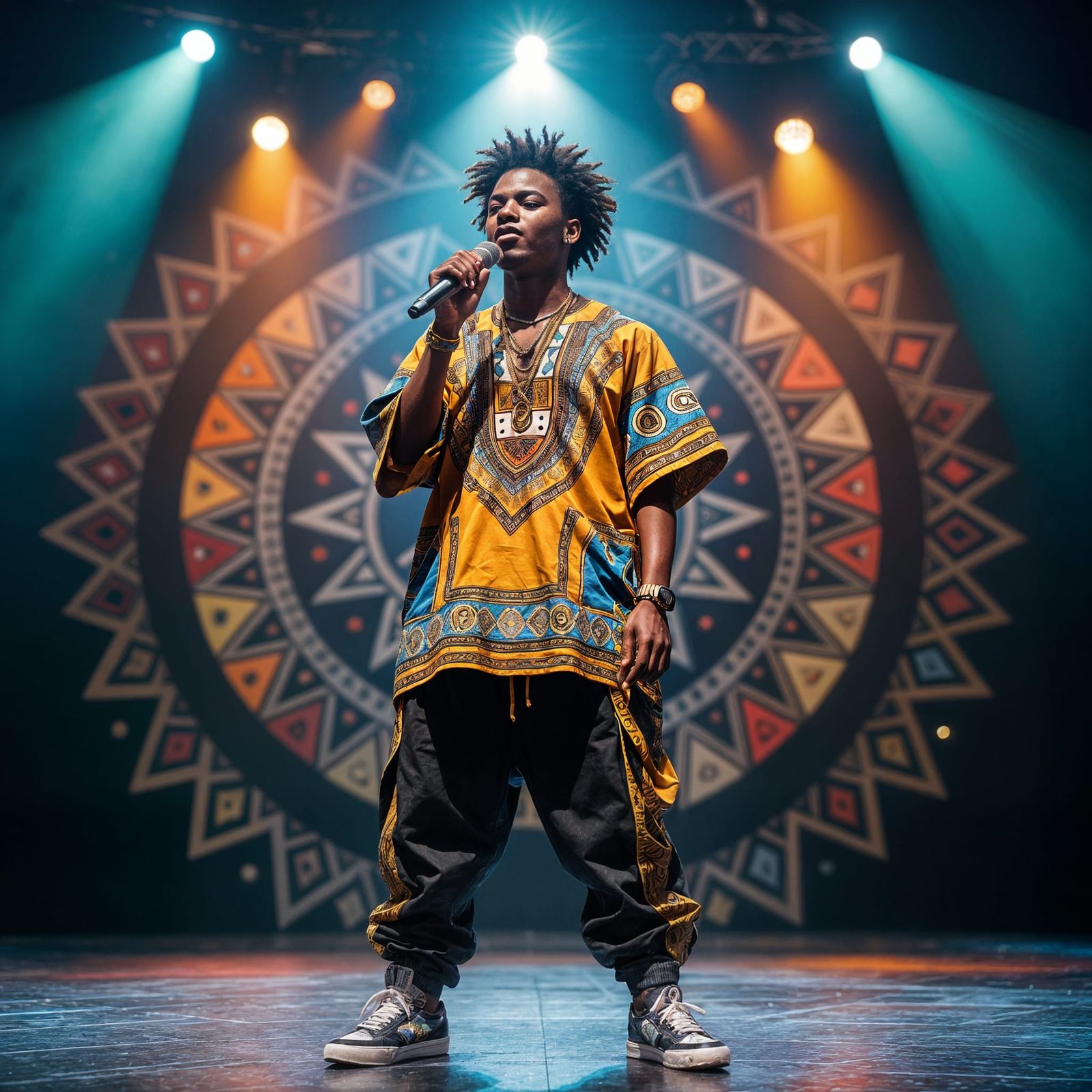 Burkina Faso Hip-Hop Artist on Stage in Afrofuturist Style