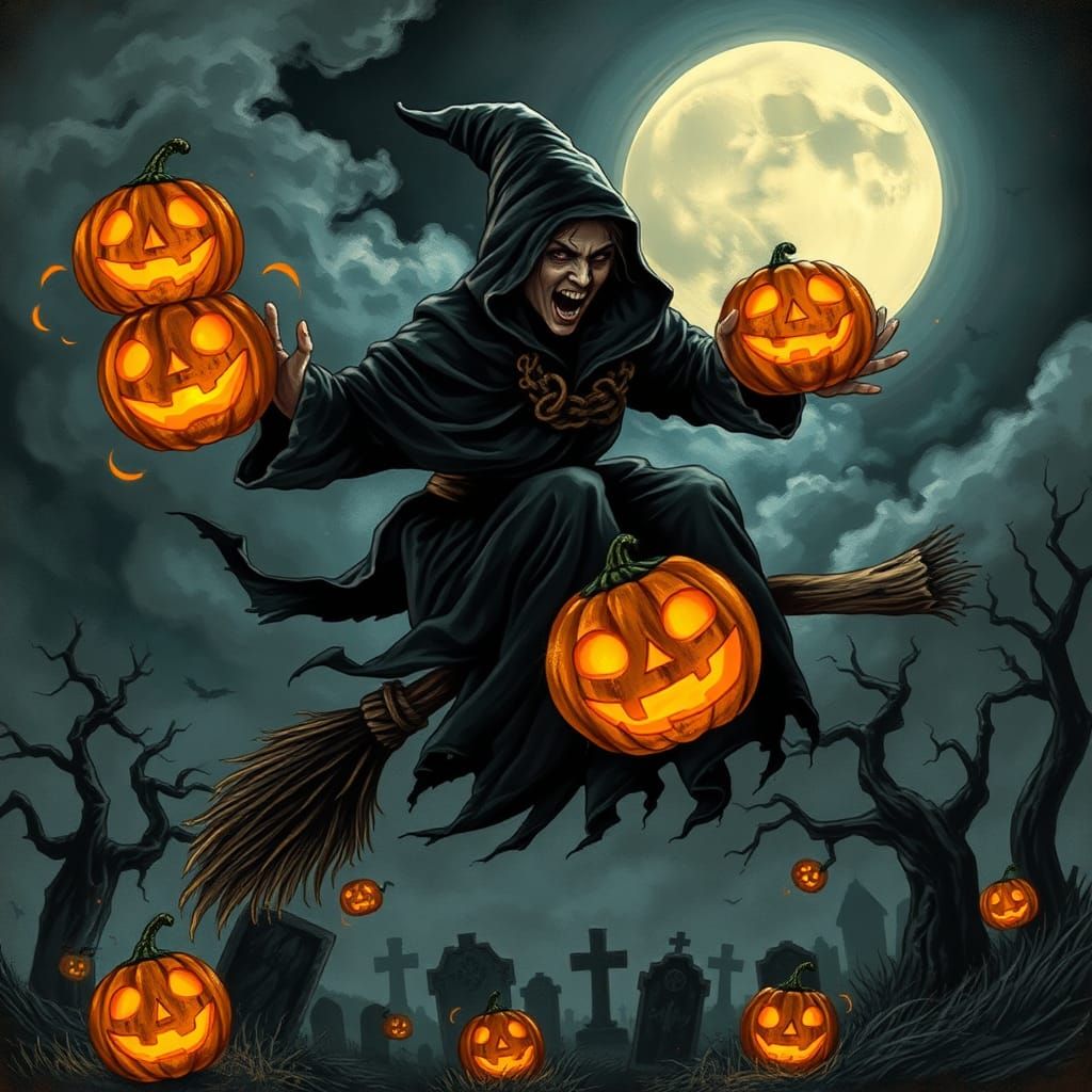 Hooded Witch Throws Pumpkins on Halloween Night