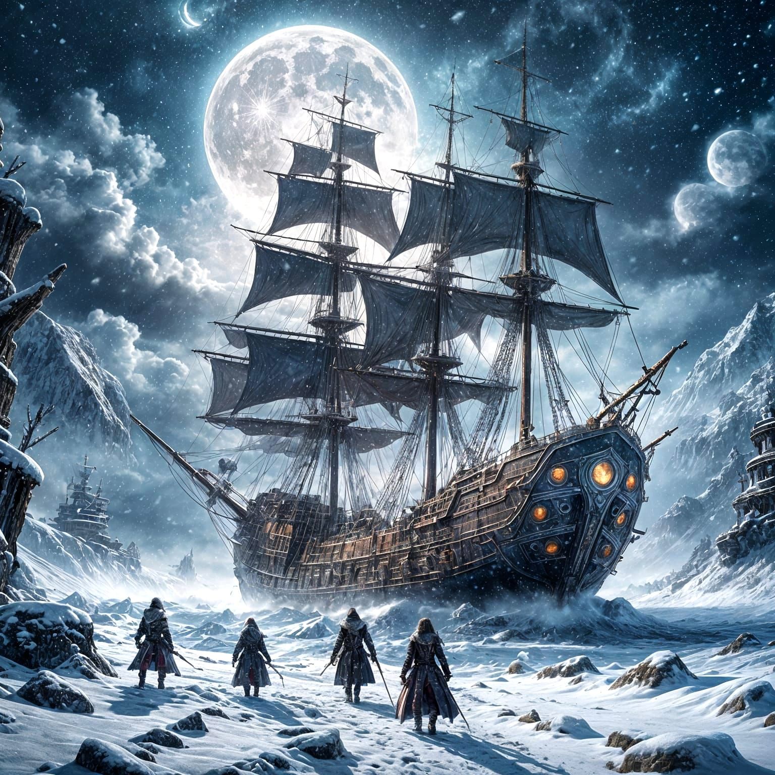 Steampunk Pirate Ship Amidst Snowy Galaxy