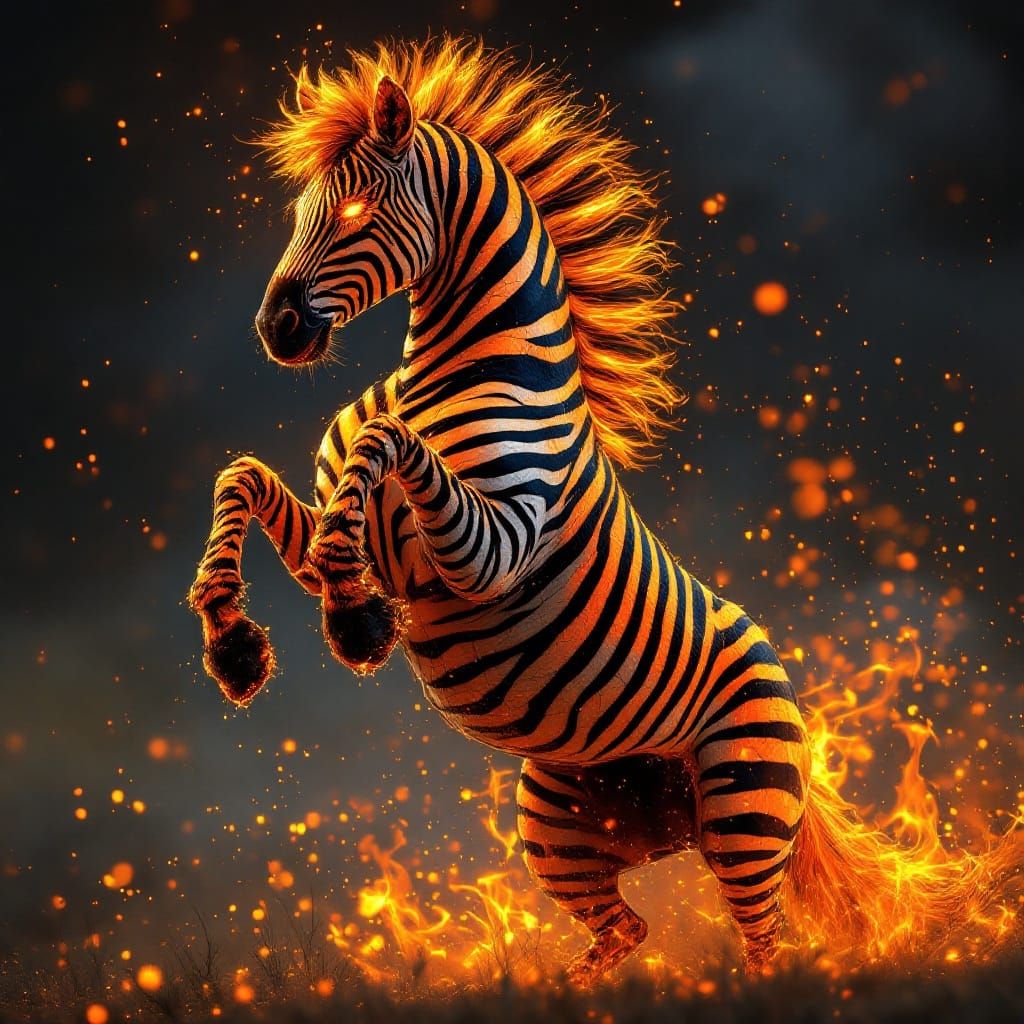 Fiery Zebra Rearing in a Molten Savanna