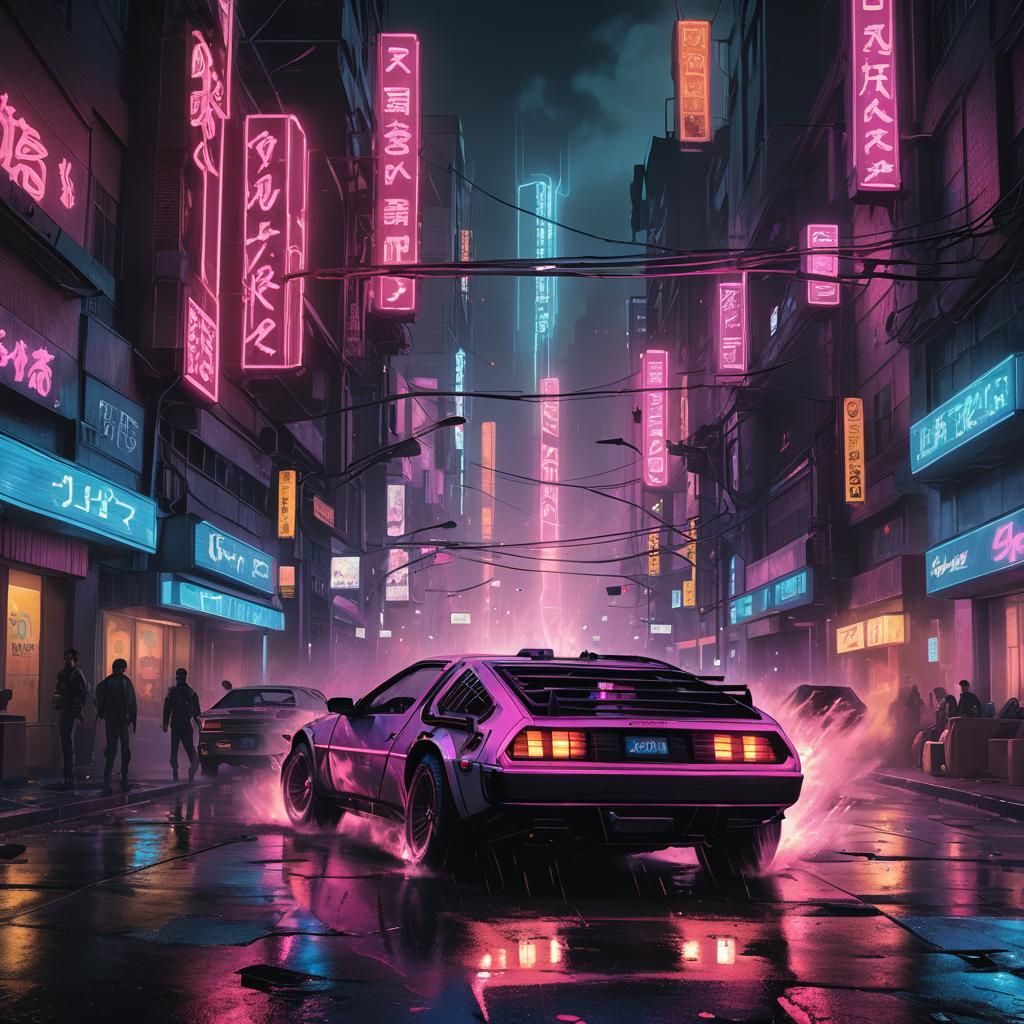 DeLorean Speeds Through Cyberpunk Cityscape Under Fire