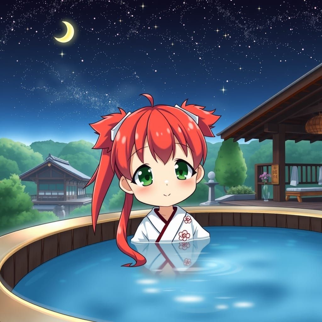 Chibi Girl Relaxing in Hakone Onsen, Anime Style