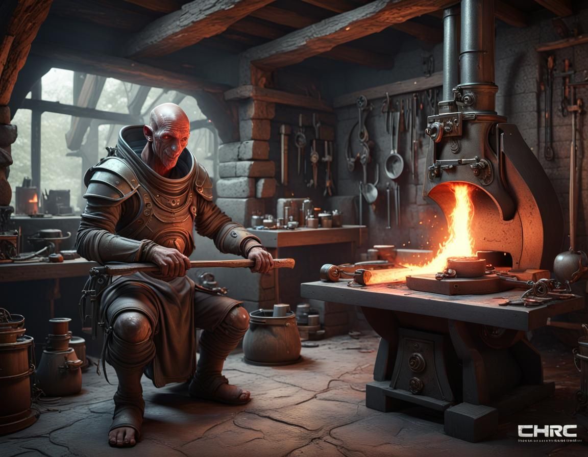 Alien Blacksmith in Sci-Fi Medieval Forge