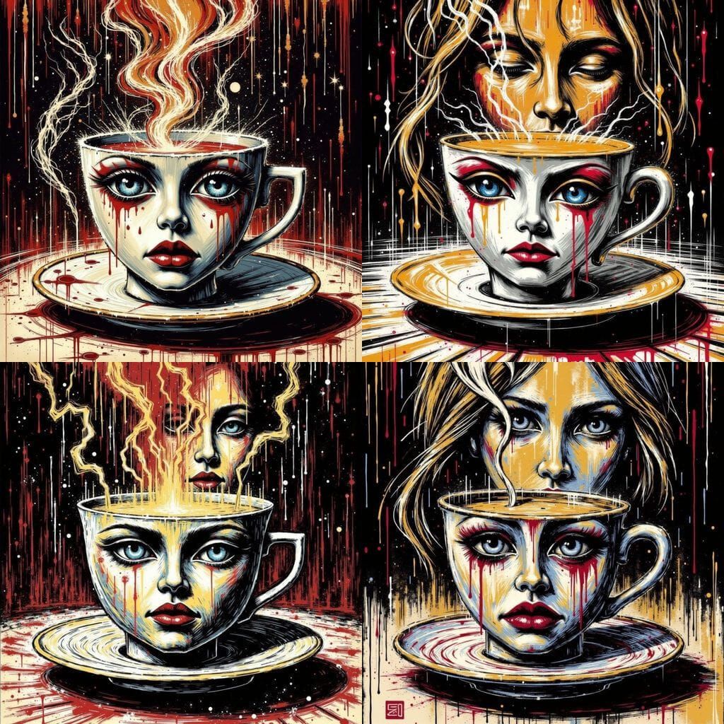 <lora:Inkblossom Noir:1.0> :Sentient porcelain teacup with s...