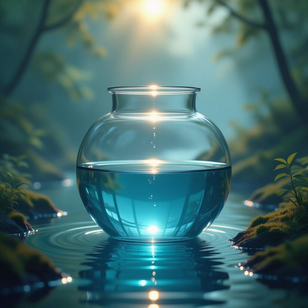 Serene River Flowing Inside Glass Container with Warm Lighti...