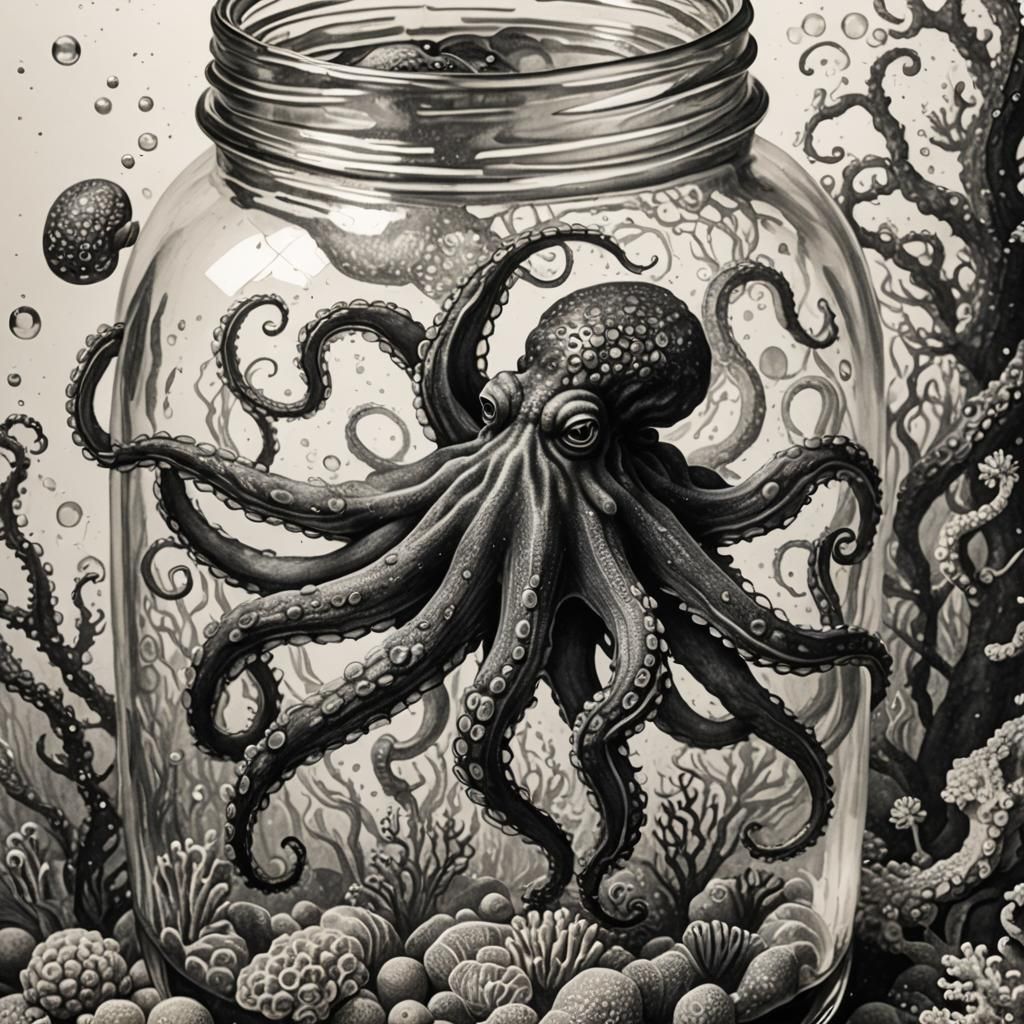 Octopus Escape in Pointillism Style with Coral Reefs