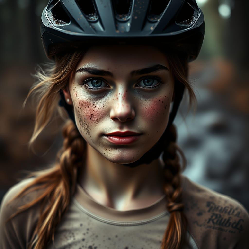 Mud-Streaked Cyclist: A Photorealistic Close-Up