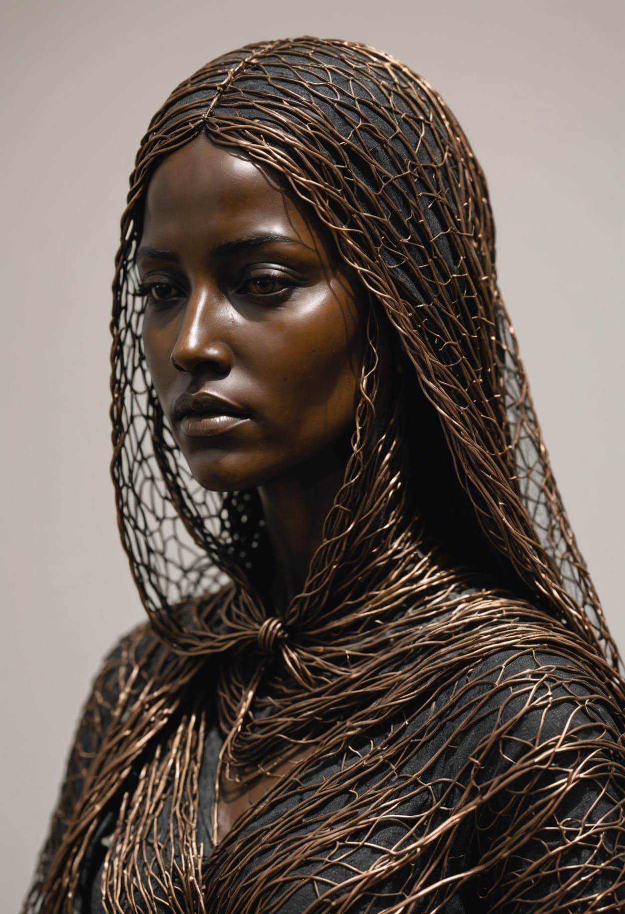 Veiled Woman Sculpture in Oxidized Copper Wire
