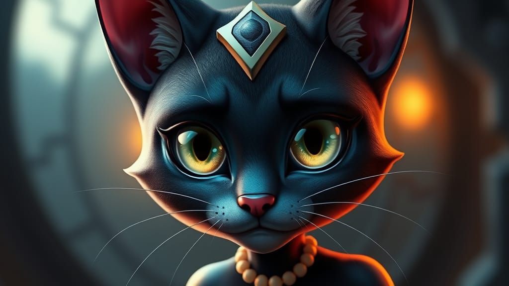 Surreal Cartoon Cat Woman with Oversized Shiny Eyes