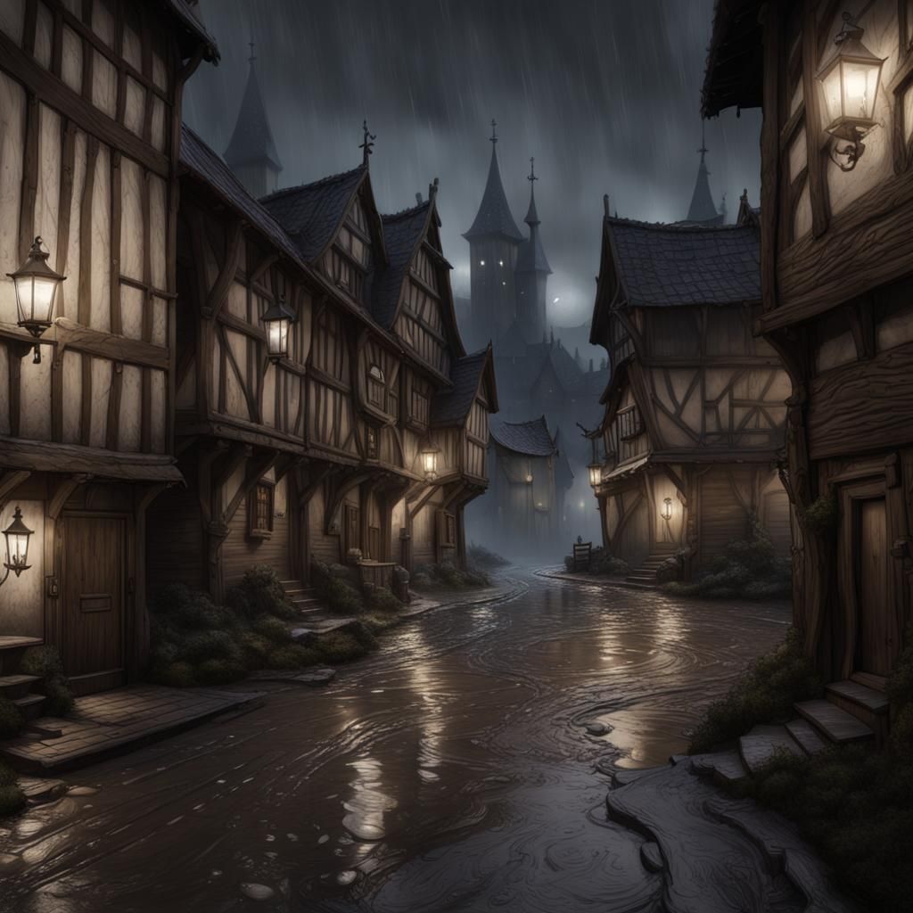 Rainy Medieval Town: Black and White Pencil Drawing