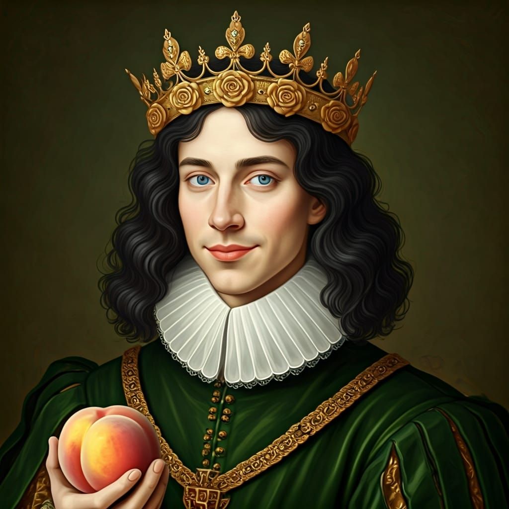 Young King Holding Peach in Classic Portrait Style