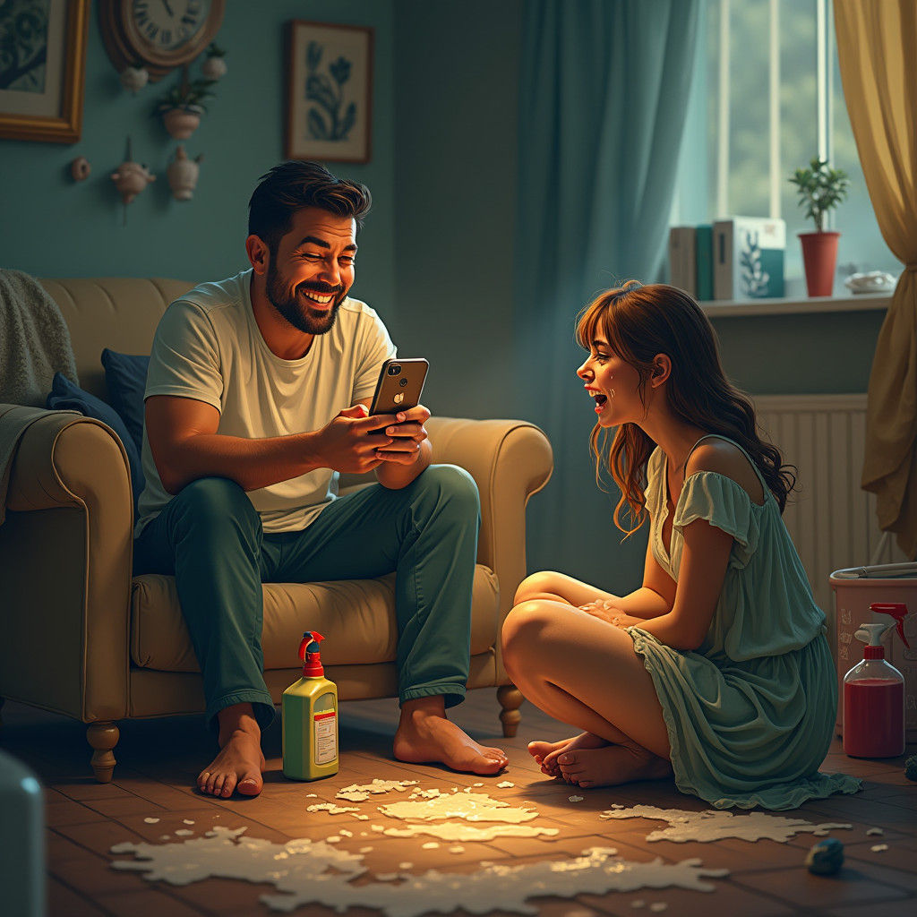 Husband Laughing at Phone While Wife Cleans