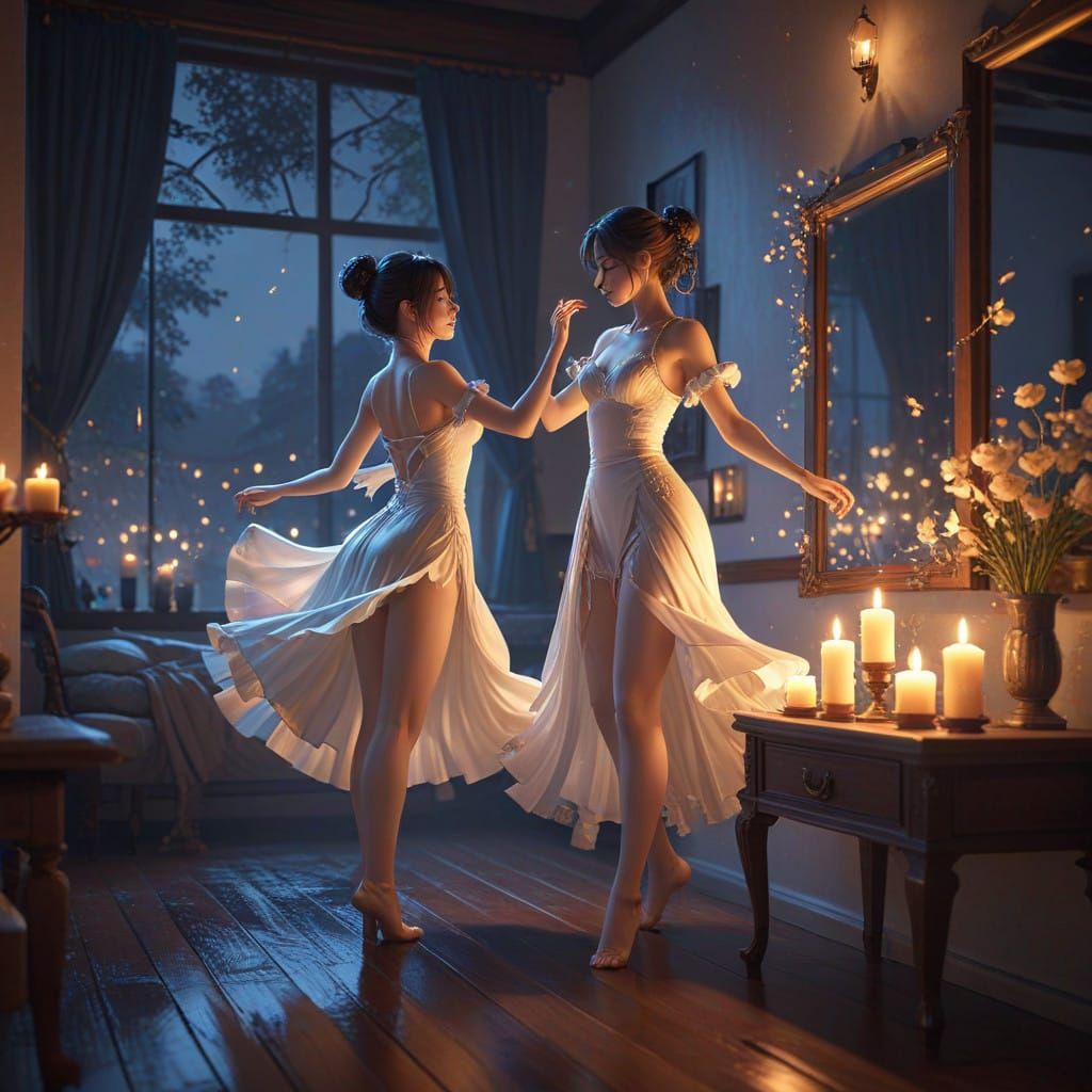 Ethereal Anime Dancer Reflected in Candlelit Mirror