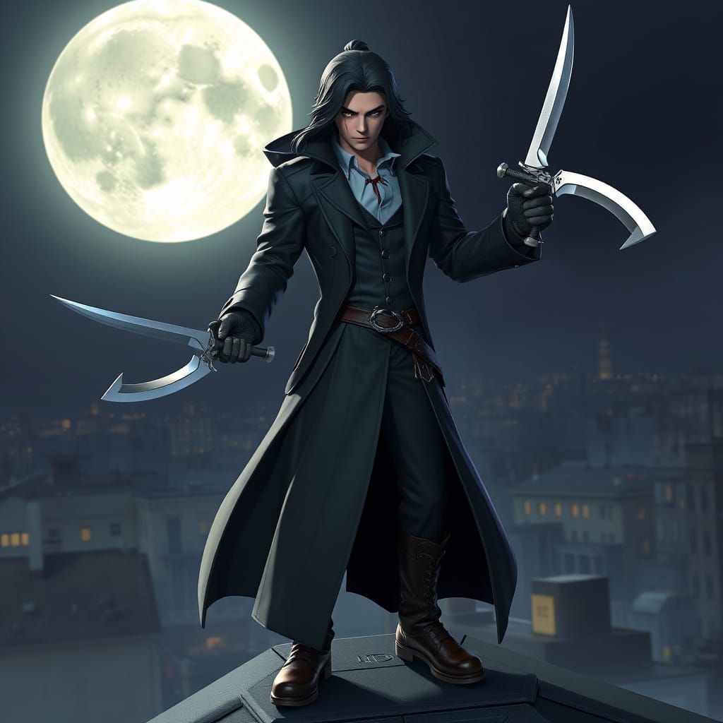 Funko Pop Vampire Hunter on Rooftop in 3D Anime Style