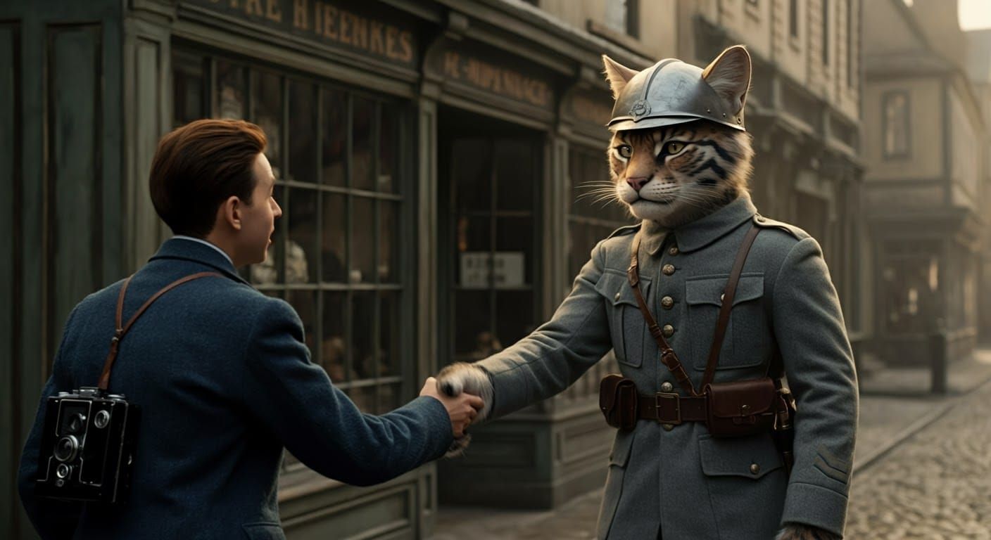 Feline Warrior Greets Reporter in 1930s Town