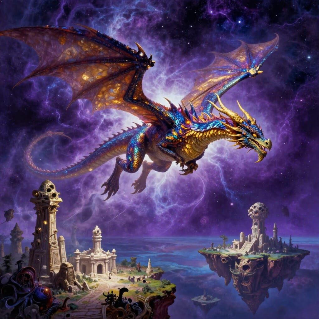 Majestic Dragon Soars Through Cosmic Nebula Over Floating Is...