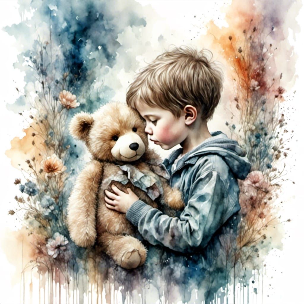 Enchanting Watercolour Portrait of Sad Boy with Teddy