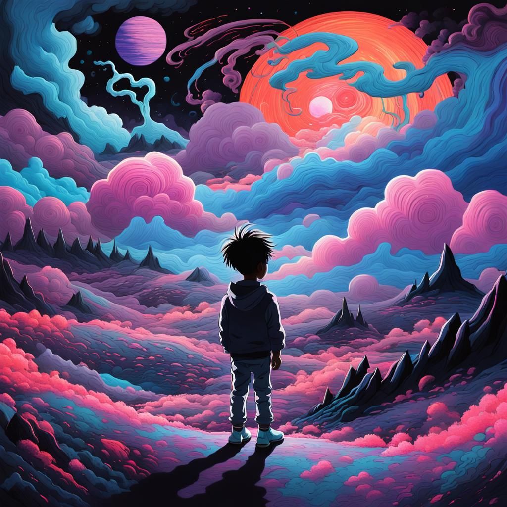 Child in Dark Cosmic Landscape, Anime Art