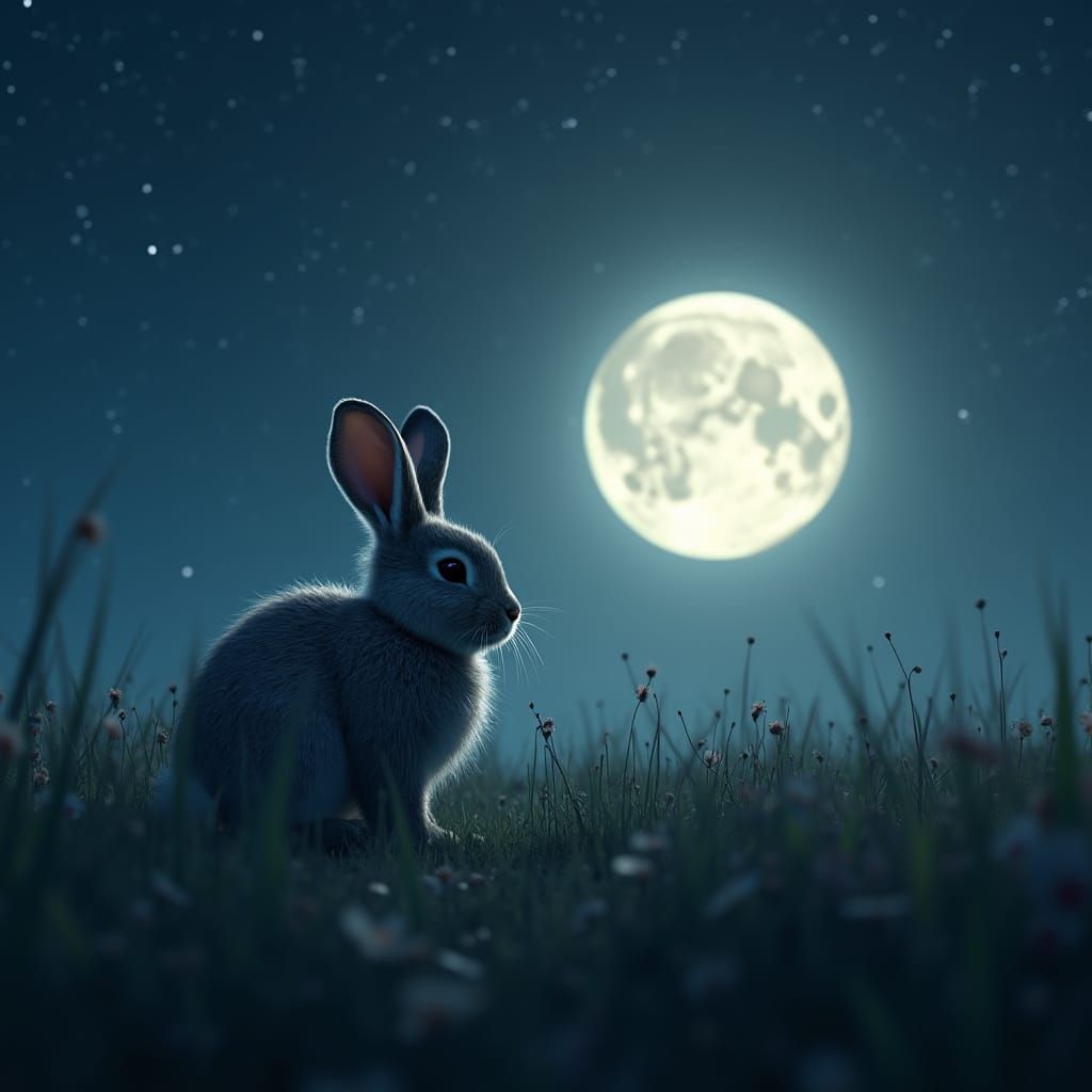 Fluffy Bunny in Moonlit Meadow Fantasy Art