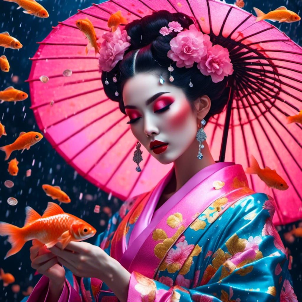 Geisha in a Vaporwave Money Rain with Goldfish