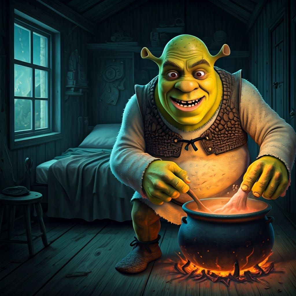 Grotesque Shrek as Baba Yaga in Dark Bedroom