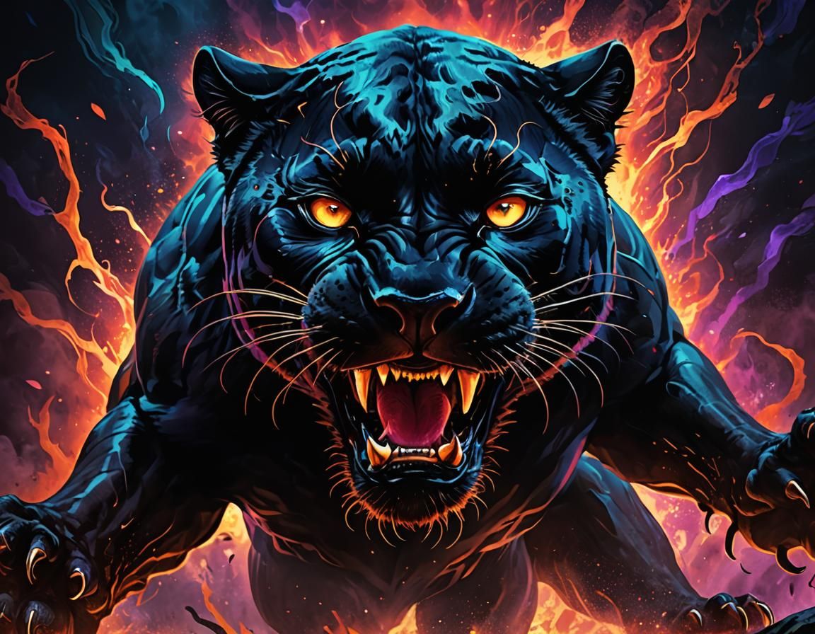 A black panther with sharp claws and teeth, hissing menacing...