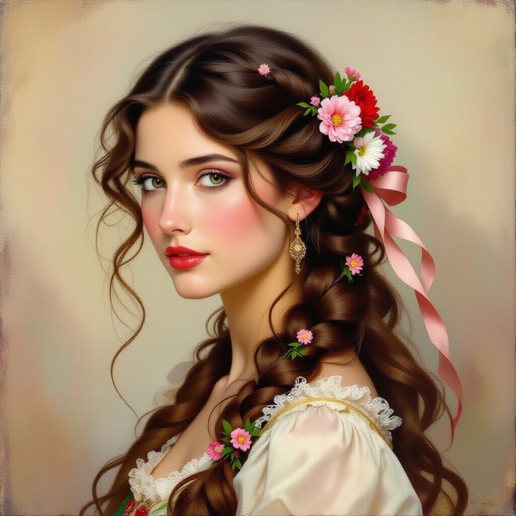 Pre-Raphaelite Beauty: Woman with Elaborate Floral Hair