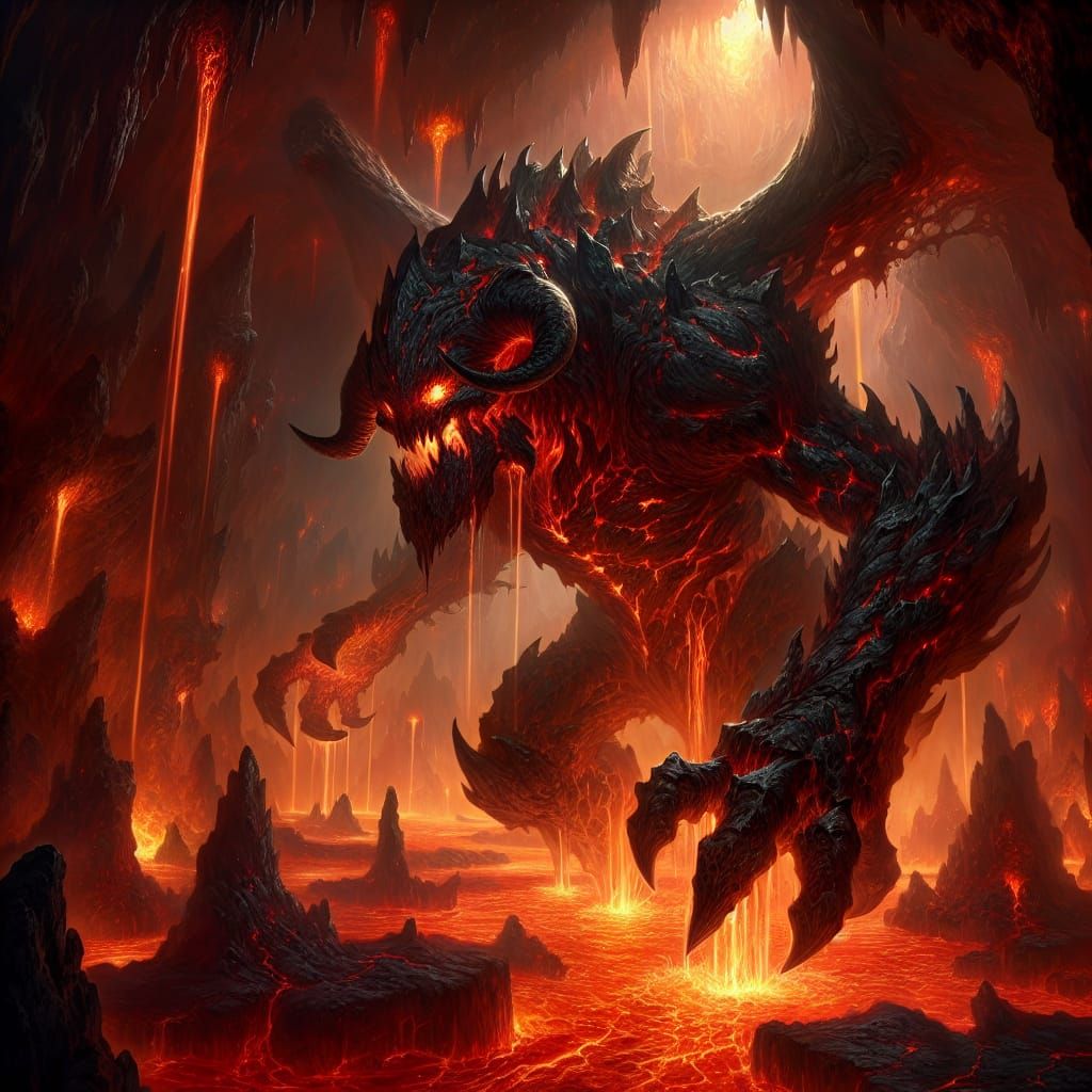 Demonic Seraphim Plunges into Molten Lava River