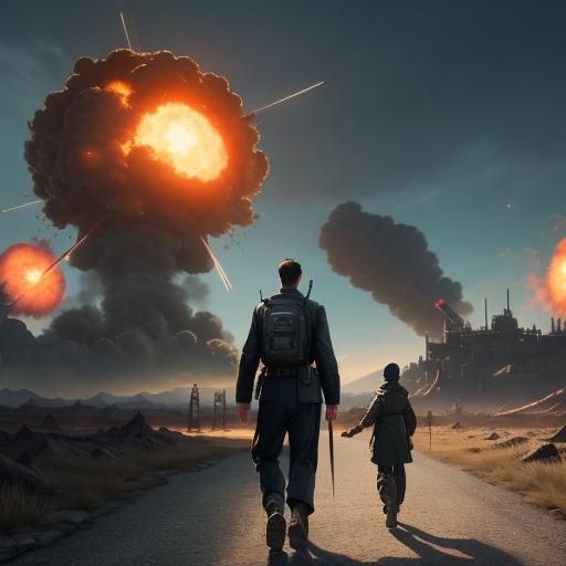 Man Walks as Atomic Bomb Falls: Fantasy Art