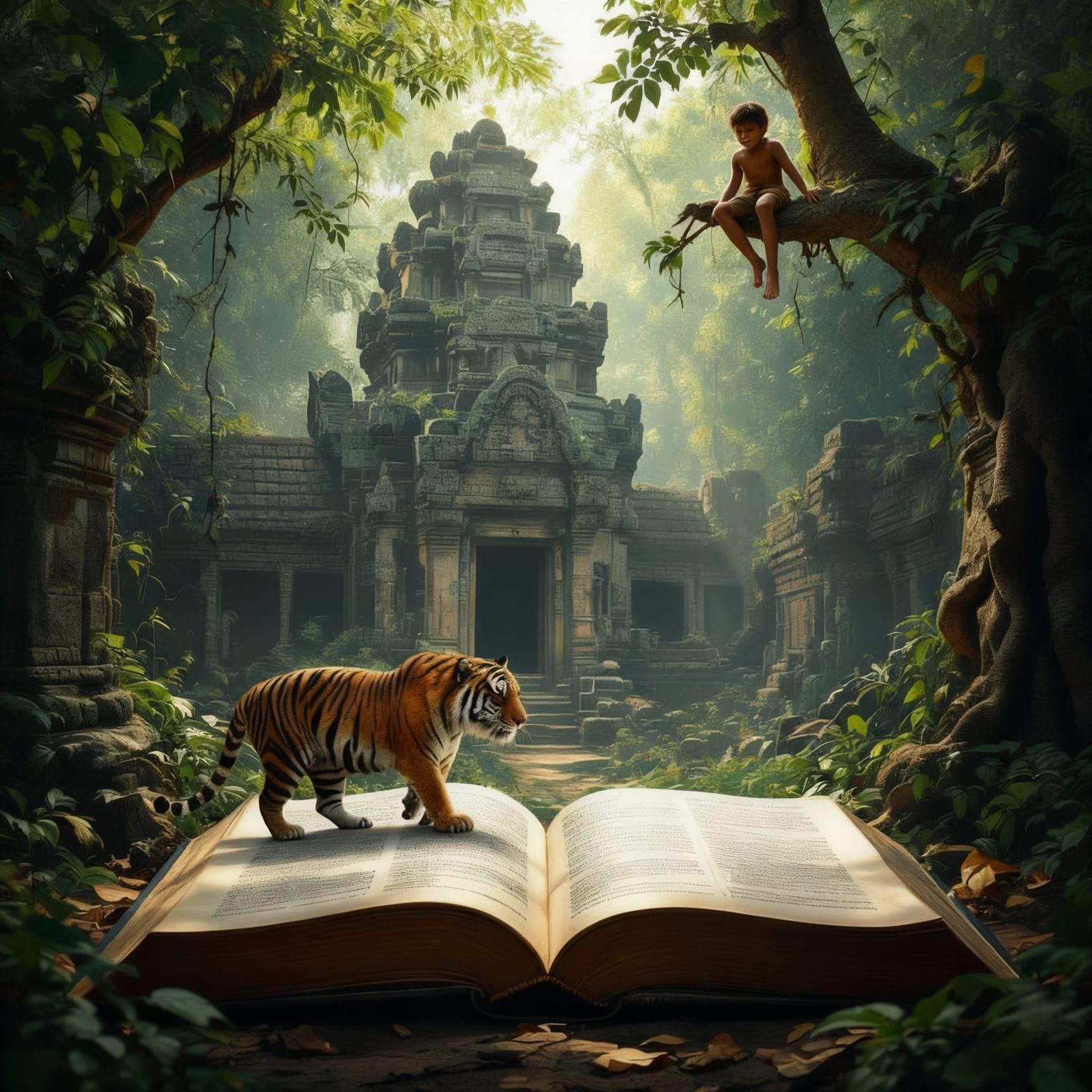 Tiger and Boy in Ancient Temple Jungle