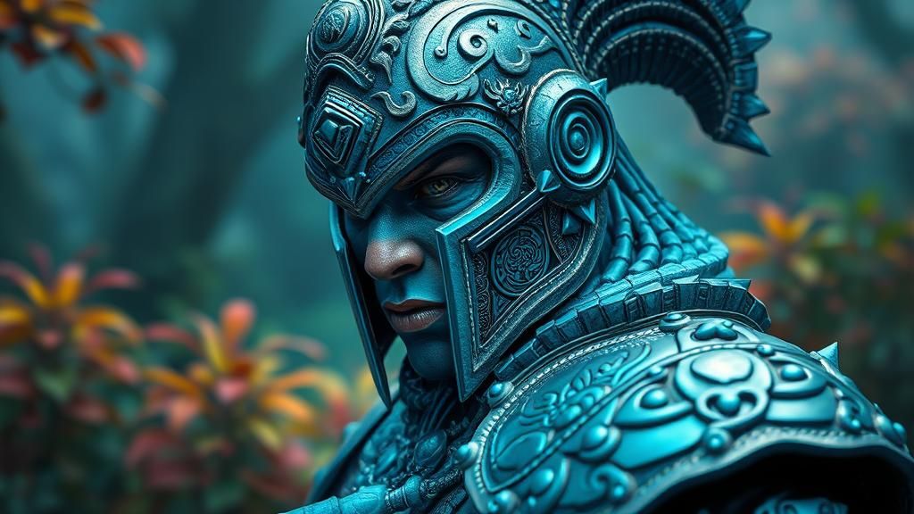 Blue Tribe Warrior in Detailed Azure Armor