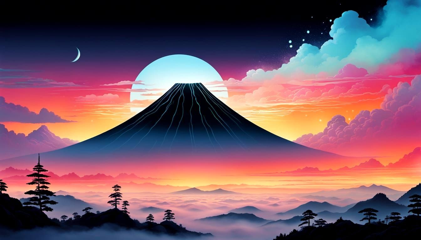 Mythological White Sky Serene Dawn in Ukiyo-e Style