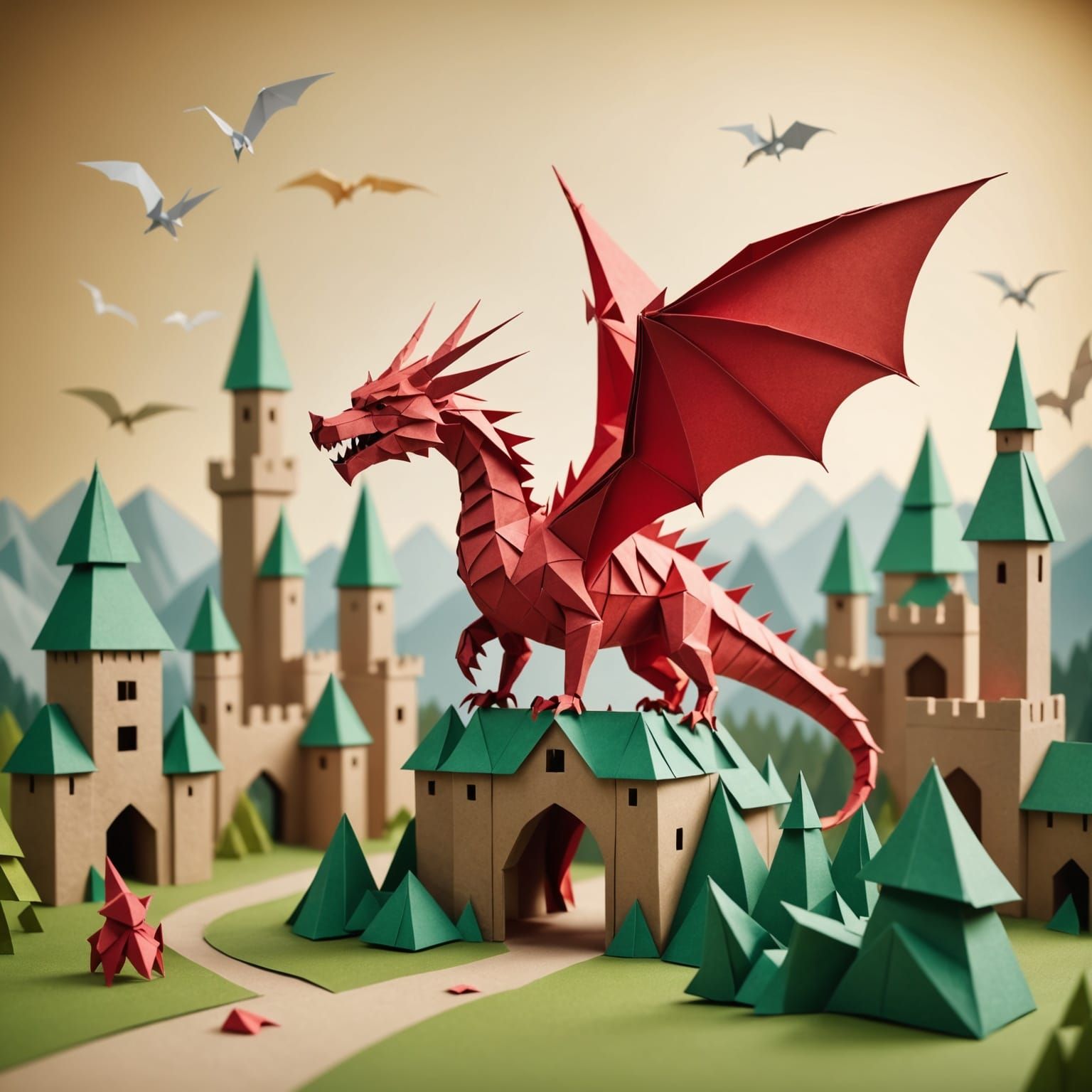 Origami Dragon Attacks Paper Castle in Fantasy Scene