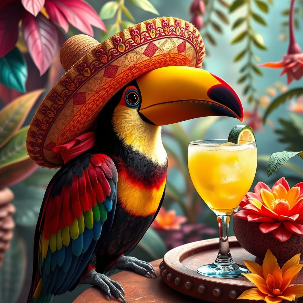 Toucan Sipping Margarita in Dreamlike Matte Painting