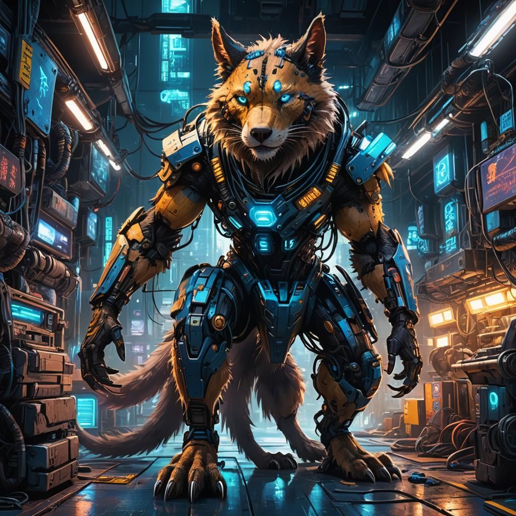 Cyberpunk Beast Mechanic Amidst Neon Machinery