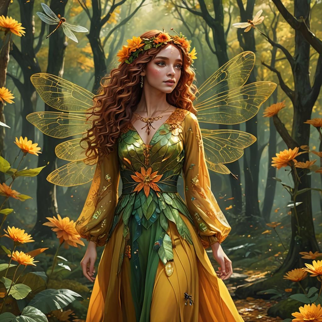 Woman with Dragonfly Wings in Autumn Forest
