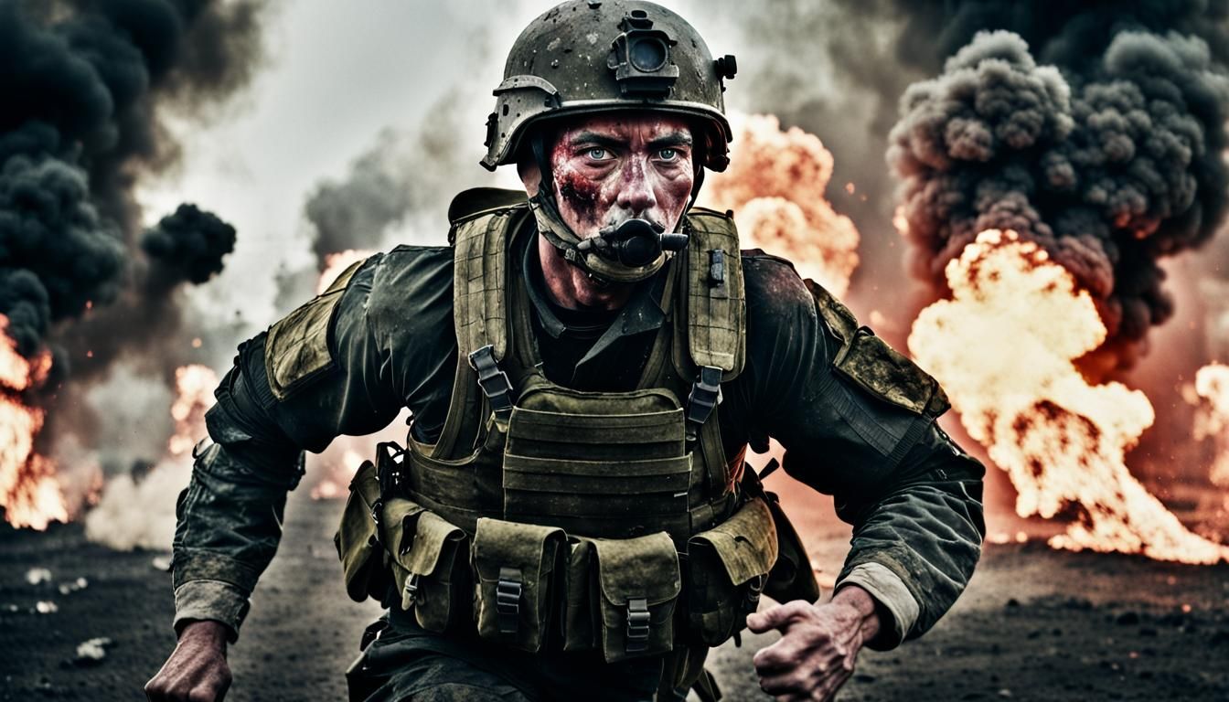Soldier in Battlefield Explosion: Close-Up Portrait