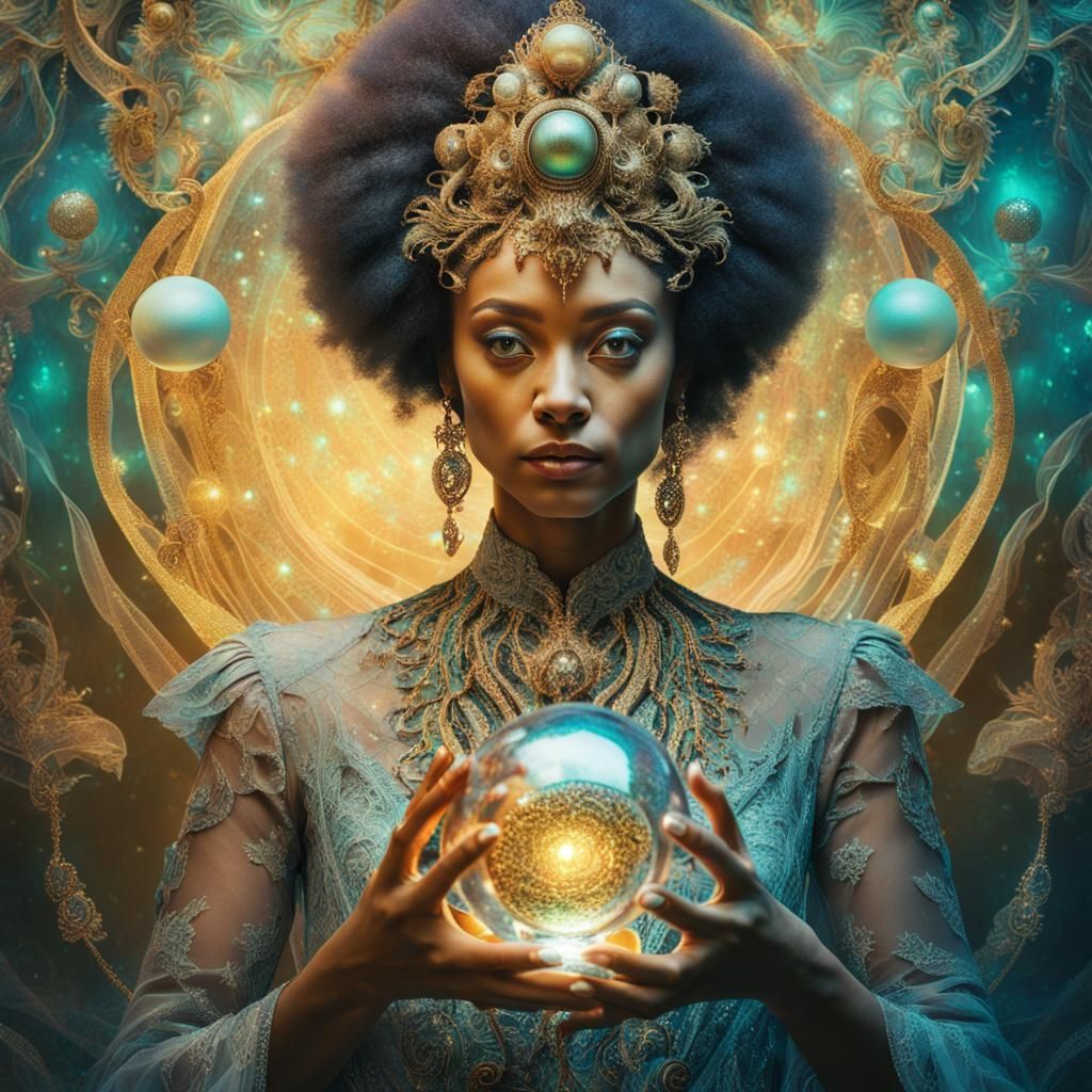 Surreal Queen with Iridescent Orb and Delicate Lace